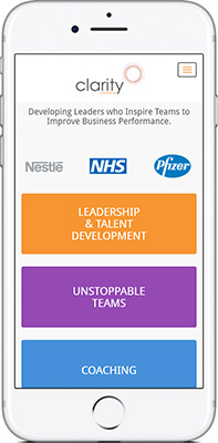 Mobile phone screen preview of Clarity Leadership website