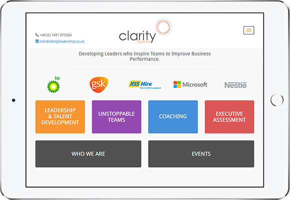 Tablet screen preview of Clarity Leadership website