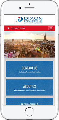 Mobile phone screen preview of Dixon Engineering website